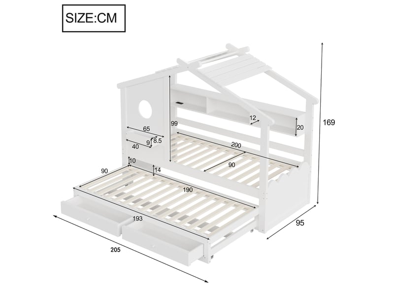 Lit cabane, lit 2 places avec 2 tiroirs, usb, type-c, led et rangement 90×200 cm et 90×190 cm, sans matelas - Conforama D