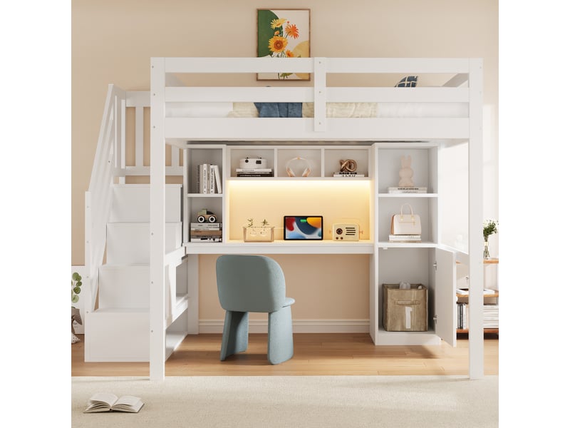 Lit mezzanine 140x200 blanc, bureau intégré, escalier avec rangements et éclairage led - Conforama E
