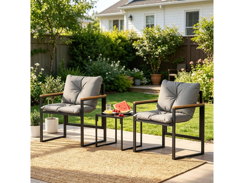  Ensemble table et chaise de jardin avec 2 fauteuils, 1 table et 2 coussins, métal et textilène noir et gris  - Conforama C