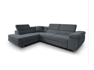 Canapé d'angle gauche convertible <strong>AX LIVING </strong> <strong>Konak</strong> 5 places Velours côtelé gris avec coffre de rangement