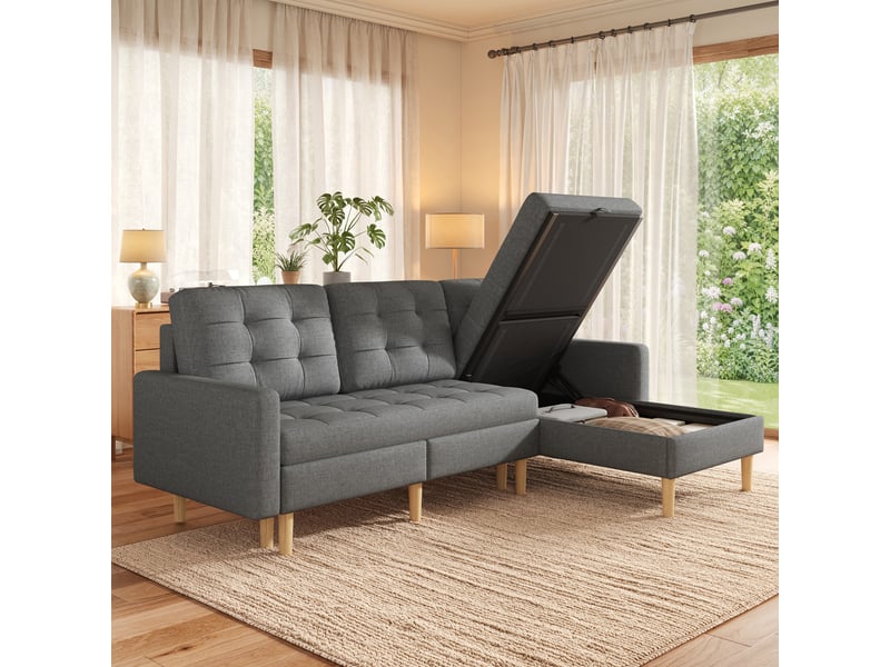  Canapé d'angle réversible 3 places, canapé en tissu non tissé gris, avec double coffre de rangement pour petit salon, 212x130x86 cm  - Conforama B