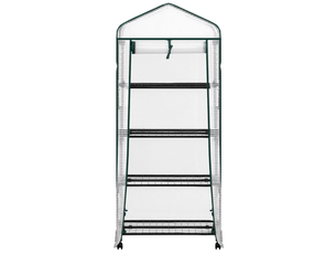 Serre de jardin à roulettes avec étagères 70x50x163 cm, porte enroulable, métal, blanc