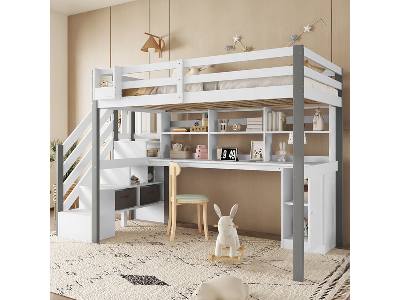  Lit surélevé enfant avec bureau, étagères, tiroirs et boîtes tissu, 90x200cm, blanc et gris  - Conforama E
