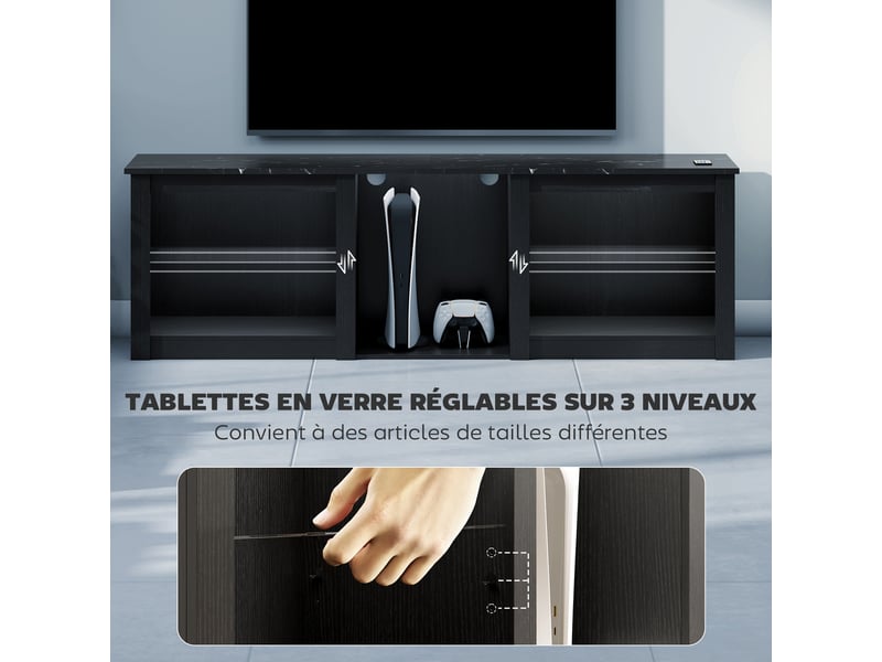  Meuble tv avec éclairage led pour télévision jusqu'à 70 pouces, noir, 160cm avec étagères en verre réglables  - Conforama R