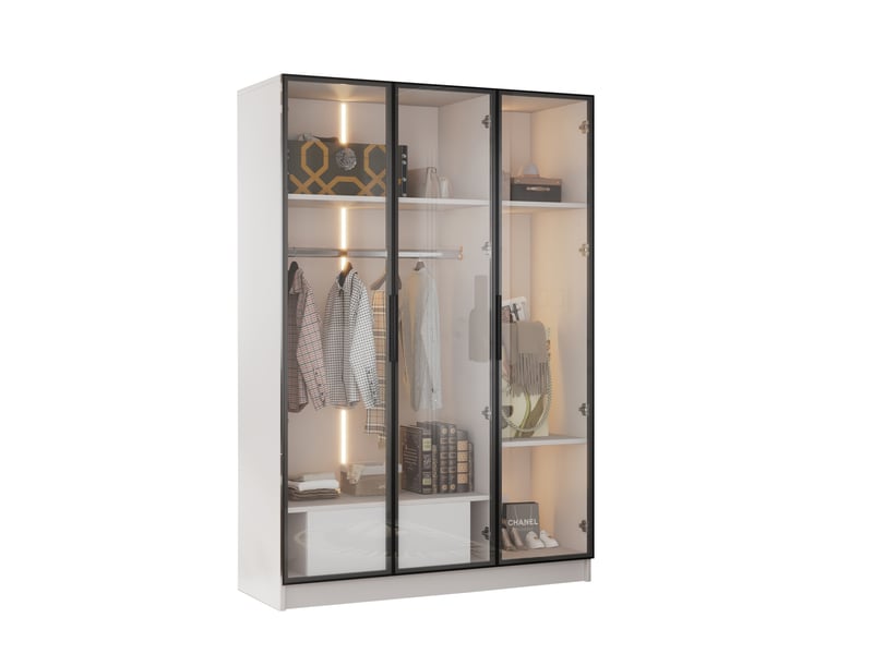  Armoire 110x50x160 cm 3 portes en verre, 1 tiroir, 1 tringle, led, panneau de particules, blanc  - Conforama C