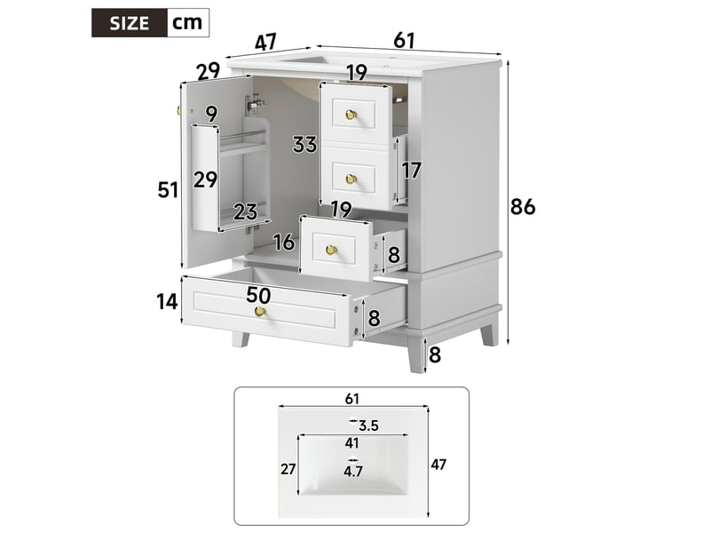  Meuble sous vasque 61 x 47 cm - blanc - 3 tiroirs, porte soft close et vasque en céramique incluse  - Conforama C