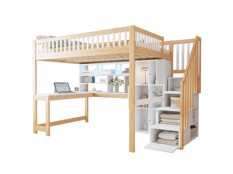  Lit mezzanine 140x200 cm avec bureau, escalier de rangement, led, bois de pin et mdf, blanc et naturel, sans matelas  - Conforama A