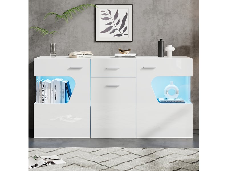 Buffet 3 portes 140x33x70 cm avec éclairage led en mdf et verre blanc brillant - Conforama D