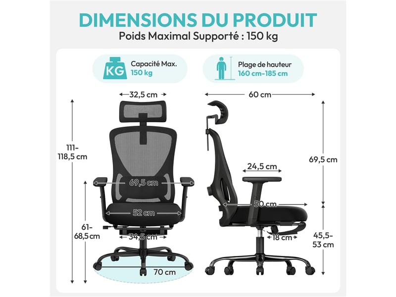  Chaise de bureau ergonomique en maille respirante avec appui-tête, repose-pieds et charge 150 kg 616441 Black - Conforama C