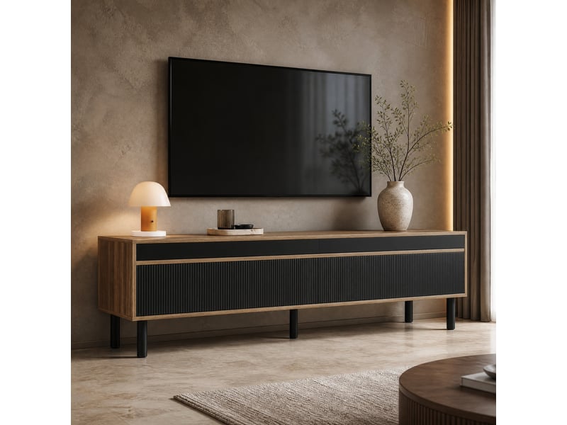  Meuble tv modenvie 170 x 38 x 47 cm 4 portes sans poignées noir et naturel  - Conforama D