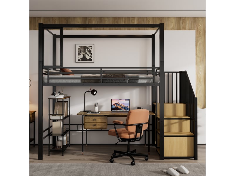 Lit mezzanine 90x200 cm avec escalier à rangement et penderie - lit enfant en métal noir - sans matelas - Conforama B