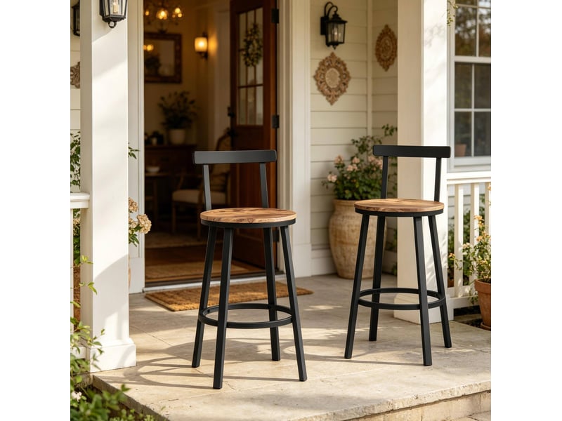  Lot de 2 tabourets de bar avec dossier incurvé en métal et mdf, brun rustique  - Conforama D