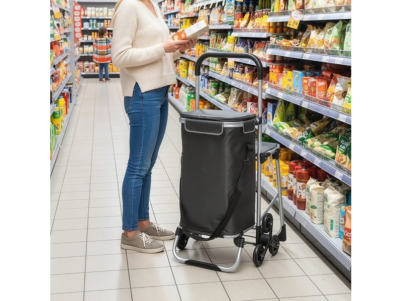  Chariot de courses 59,5 x 46 x 97 cm – gris foncé – 40 l, 3 roues monte-escaliers avec siège pliant  - Conforama D