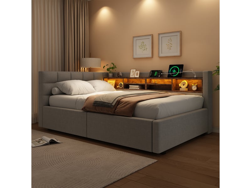  Lit banquette coffre 90x200cm avec éclairage led dimmable, tête de lit étagère et prises usb, lin gris evarich - Conforama E