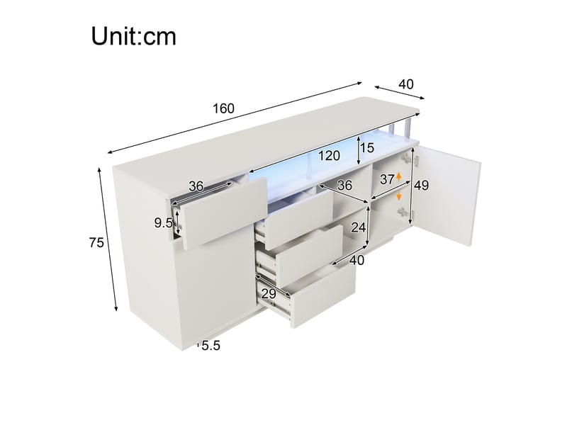  Buffet led 160x40x75 cm, bahut avec 4 tiroirs et 2 portes, meuble de rangement salon avec étagères réglables, mdf et acrylique - blanc  - Conforama E