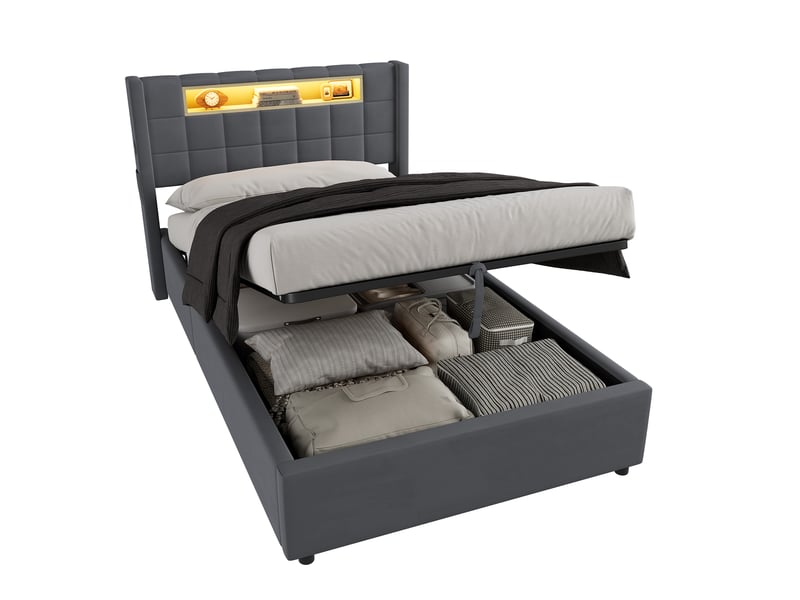  Lit coffre simple 90x200 cm, avec recharge, velours gris (sans matelas)  - Conforama A