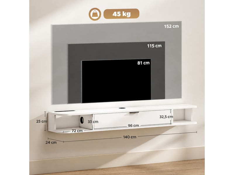  Meuble tv suspendu blanc 140 cm pour tv jusqu’à 60 pouces, abattant, 2 étagères ouvertes, passe-câbles  - Conforama C