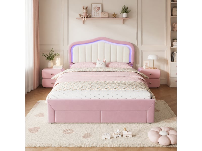  Lit enfant 140x200 cm avec led, tête de lit avec dossier blanc, 2 tiroirs de rangement, lit rembourré velours rose OMNIGLINT TRADING LTD - Conforama B