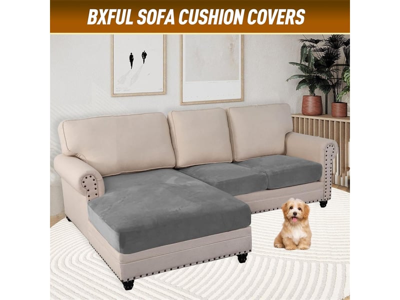  Housse de coussin de siège de canapé en velours extensible – 1 place, gris foncé  - Conforama B