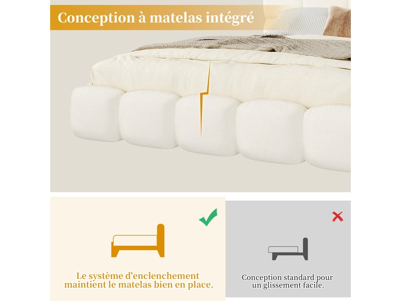  Lit coffre 200x200 cm blanc, tissu bouclé, sommier relevable hydraulique, tête de lit rembourrée, sommier à lattes inclus, structure anti-glissement  - Conforama D