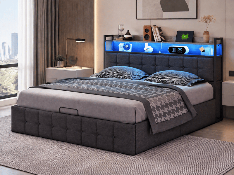 Lit coffre rembourré 160x200 avec sommier à lattes, lit deux personnes avec led et usb, type-c, tête de lit avec rangement, sans matelas - Conforama B