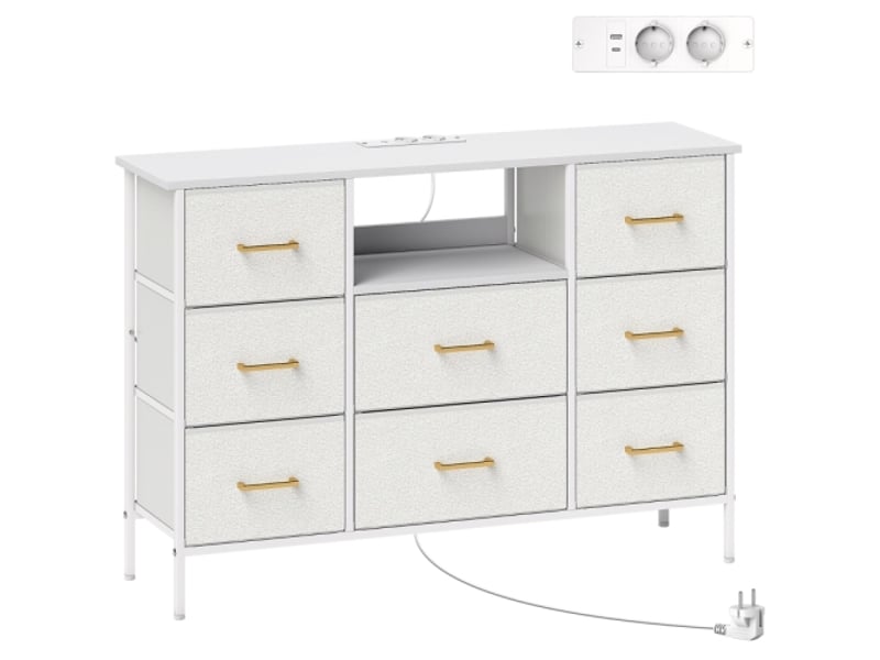  Commode crème 8 tiroirs en tissu avec cadre acier et multiprise, pour entrée, chambre et bureau  - Conforama A
