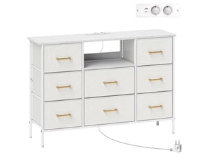 Commode crème 8 tiroirs en tissu avec cadre acier et multiprise, pour entrée, chambre et bureau