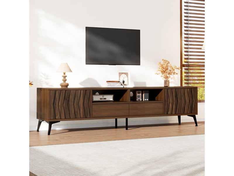  Meuble tv 180 cm couleur noyer pour téléviseur 75 pouces avec 2 portes et relief géométrique  - Conforama B