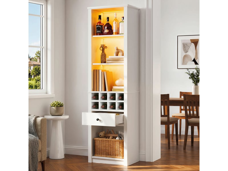  Vitrine d'exposition - 55x40x200cm - colonne haute avec led rgb connectée, range-bouteilles 8 casiers &amp; tiroir - blanc  - Conforama C
