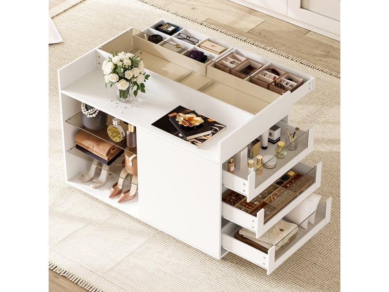  Coiffeuse avec 5 tiroirs et roulettes - pour chambre - en panneaux et verre trempé - 110×60×79 cm - blanc  - Conforama C