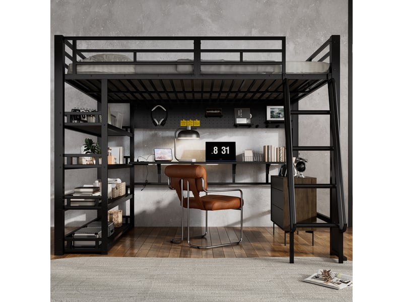  Lit mezzanine 140x200, lit surélevé gain de place avec bureau étagères de rangement port usb et crochets, métal et bois de pour ado adulte, noir  - Conforama C