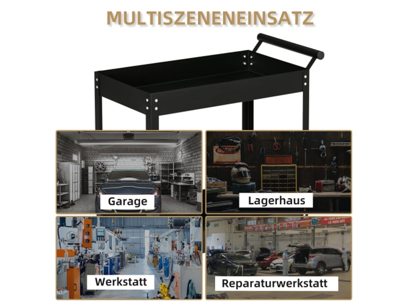  Chariot d'atelier 2 niveaux en acier noir, servante à outils mobile avec poignée latérale, 4 roues, charge 150 kg, 84,5x38x84 cm  - Conforama C
