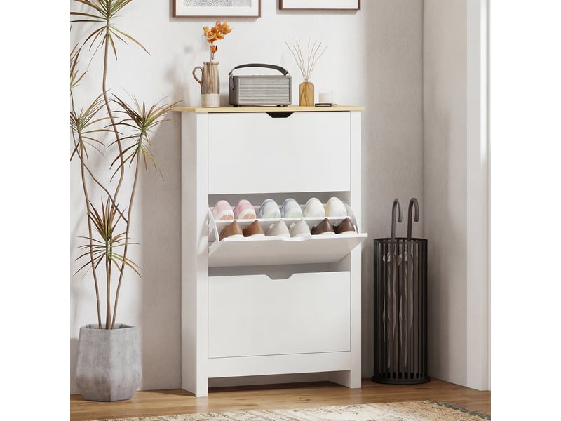  Armoire à chaussures 3 portes abattantes 2 compartiments blanc chêne panneaux particules  - Conforama W
