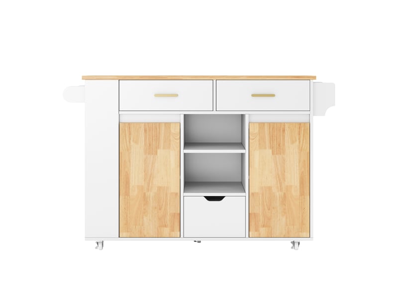  Îlot de cuisine mobile avec plan de travail rabattable, chariot de cuisine en mdf avec 3 grands tiroirs et roulettes verrouillables, 120x71x90cm  - Conforama E
