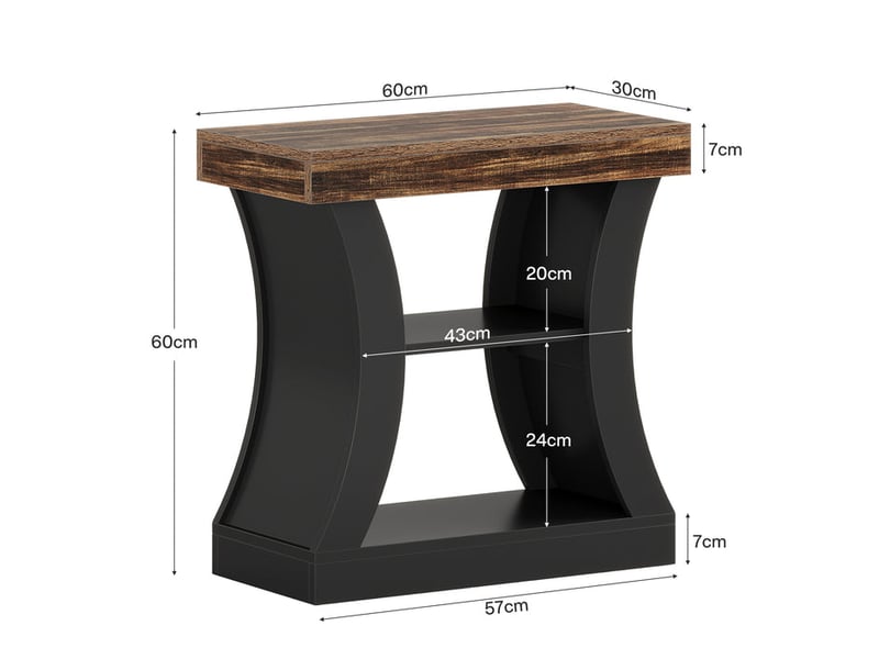  Bout de canapé de 80 cm pour salon, table d'appoint à 3 niveaux avec rangement, table de chevet moderne en bois pour chambre ou canapé, idéale pour les petits espaces, coloris marron rustique et noir  - Conforama C