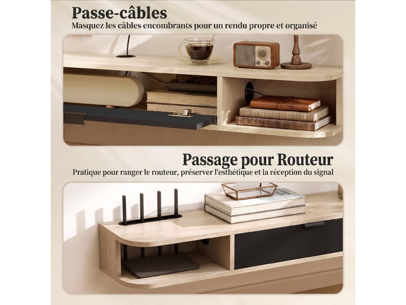  Meuble tv suspendu, meuble télé pour téléviseur jusqu'à 75 pouces, tiroir rabattable 2 étagères bois naturel 180x24x16cm  - Conforama R