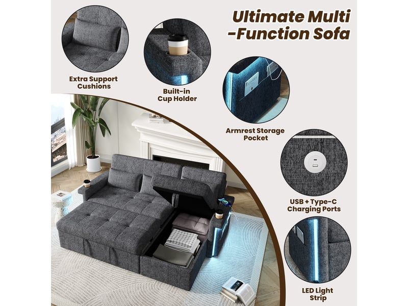 Canapé d'angle en l convertible en lit 209 x 141,5 x 90 cm, éclairage led et ports usb, dossier réglable avec coussins et porte-gobelet, gris evarich - Conforama E