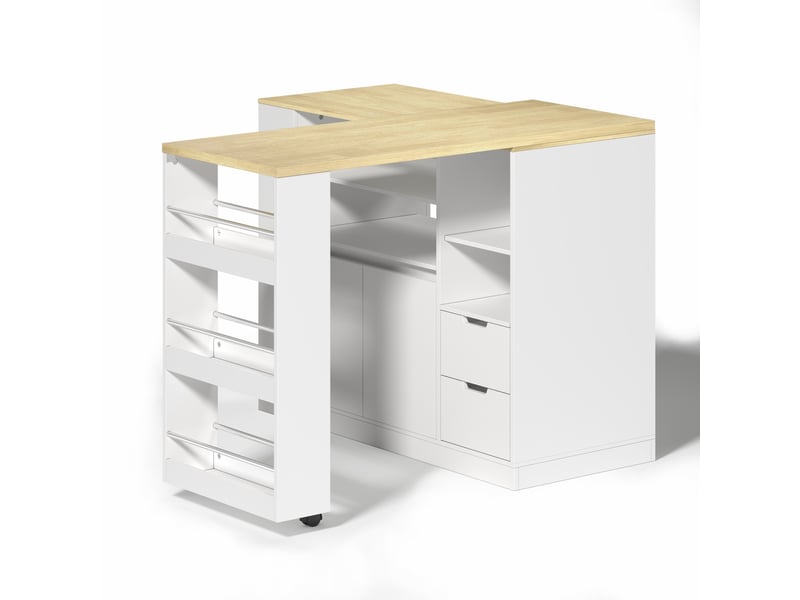 Îlot de cuisine avec plan de travail extensible, îlot central 115 cm avec rangement, mdf blanc et bois naturel, 115x50x92 cm. - Conforama E