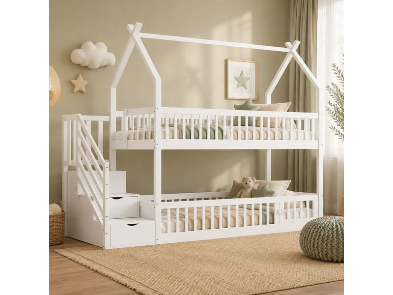  Lit superposé enfant 90x200 cm avec toit, escalier de rangement, blanc  - Conforama B