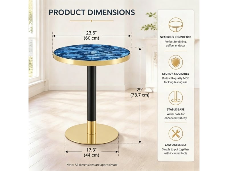  Table d’appoint ronde,60x60x74 cm,mdf,effet marbre bleu et métal doré  - Conforama C