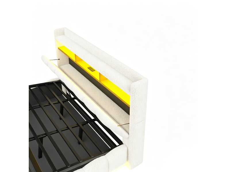  Lit coffre 180 × 200 cm, tissu bouclette, led, port usb, sommier métallique, grand rangement hydraulique, blanc  - Conforama E