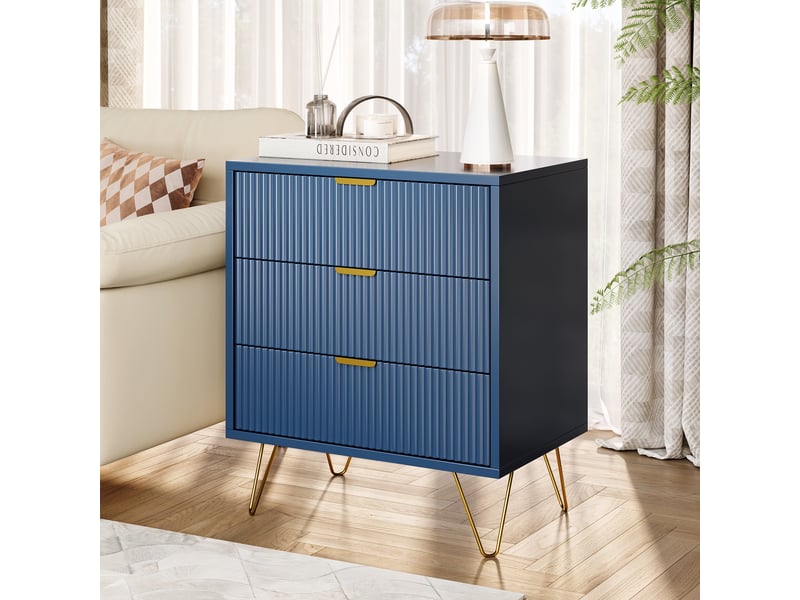  Table de chevet, commode à 3 tiroirs, 60x40x70 cm, meuble de rangement en bois avec pieds en métal, design nervuré moderne, bleu et or  - Conforama C