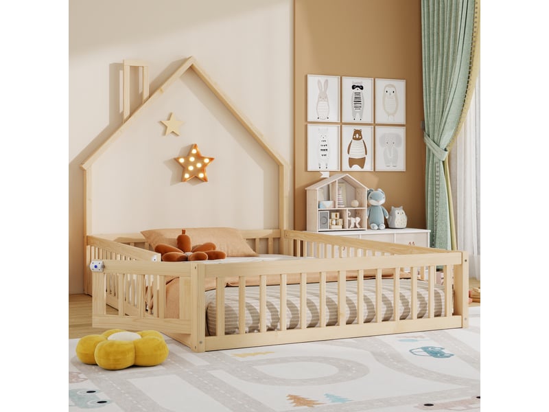 Lit cabane enfant 140x190 cm en pin naturel, forme maison, avec sommier, style minimaliste - Conforama B
