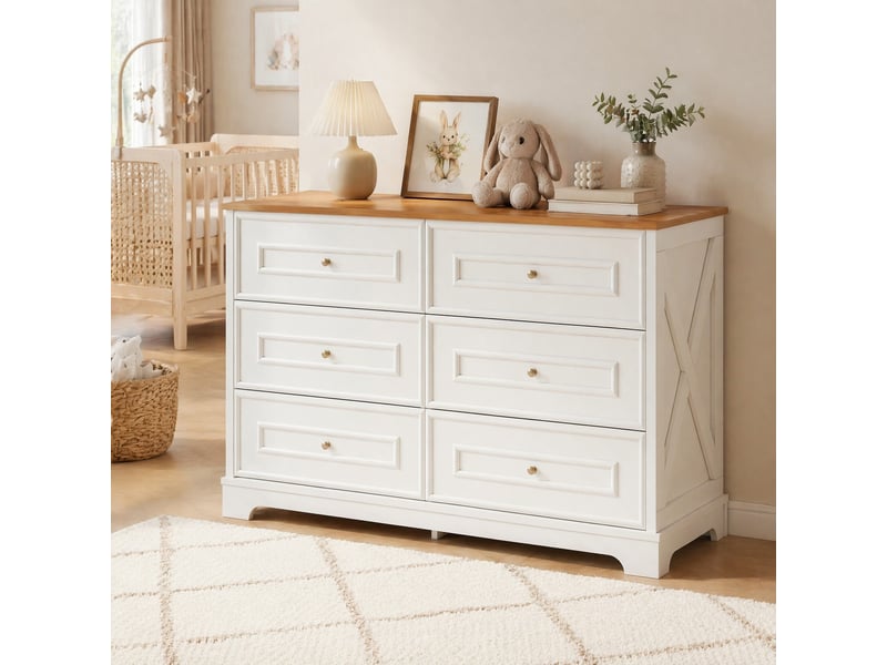  Commode 120x40x76 cm avec 6 tiroirs, style campagne rétro, buffet, mdf+aggloméré, pour salon, blanc+naturel  - Conforama B
