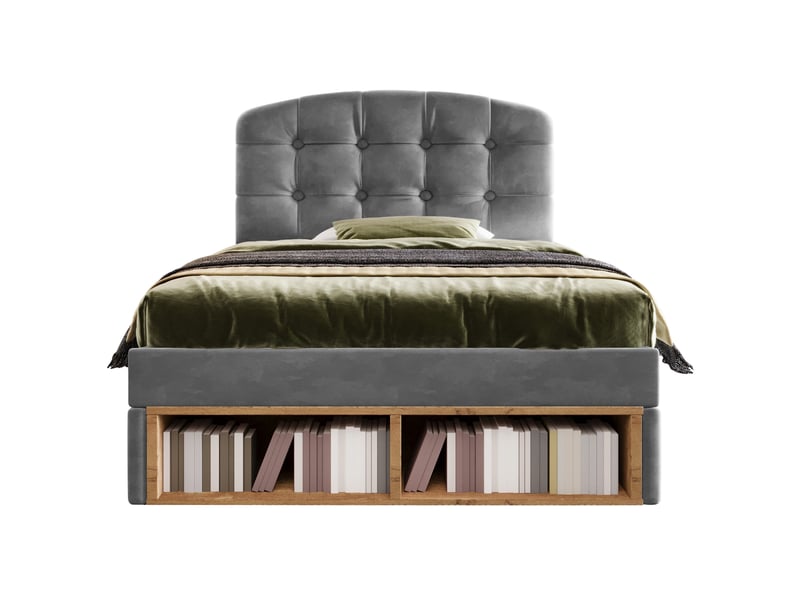  Lit simple pour enfant, avec tête de lit incurvée à hauteur réglable, tiroirs et espaces de rangement, en velours, gris - 90 x 200 cm  - Conforama A