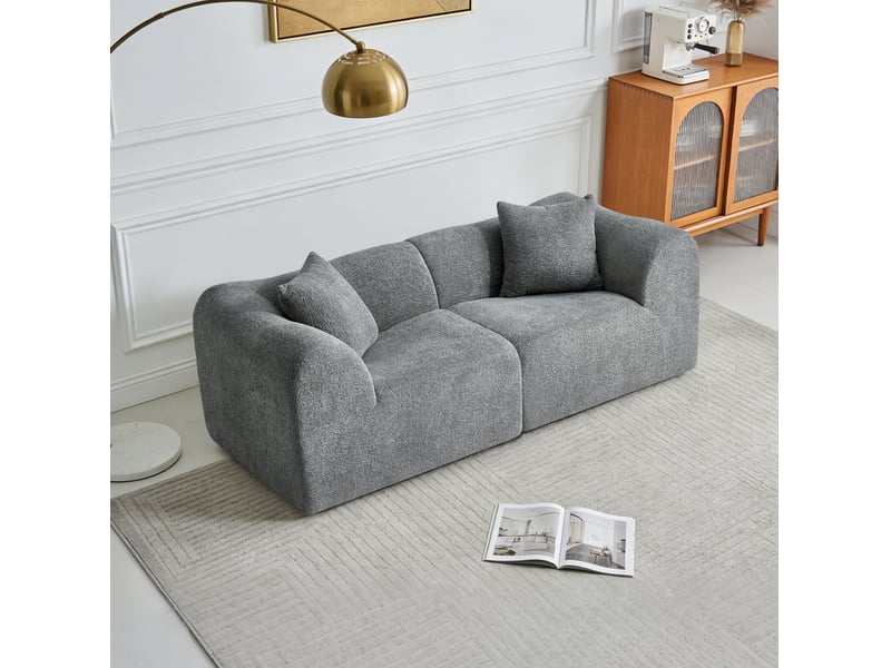  Canapé droit fixe 2 places en velours gris compressé, avec 2 coussins, idéal pour salon ou appartement  - Conforama B