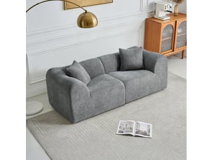 Canapé droit fixe 2 places en velours gris compressé, avec 2 coussins, idéal pour salon ou appartement
