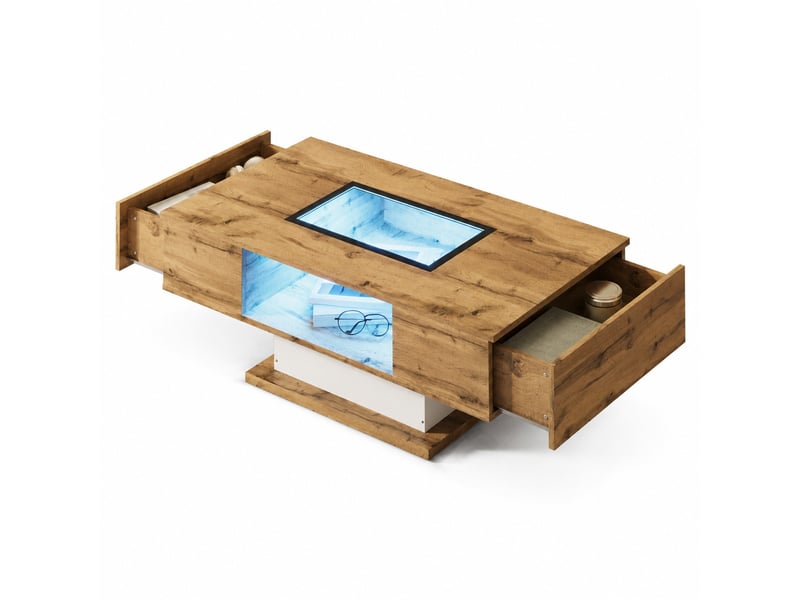  Table basse 110.2x60x39.7 cm led réglable par application panneau de particules blanc, couleur bois et noir  - Conforama B