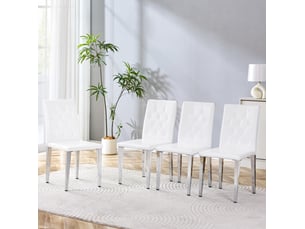 Lot de 4 chaises de salle à manger en pu blanc, pieds métal argenté brillant