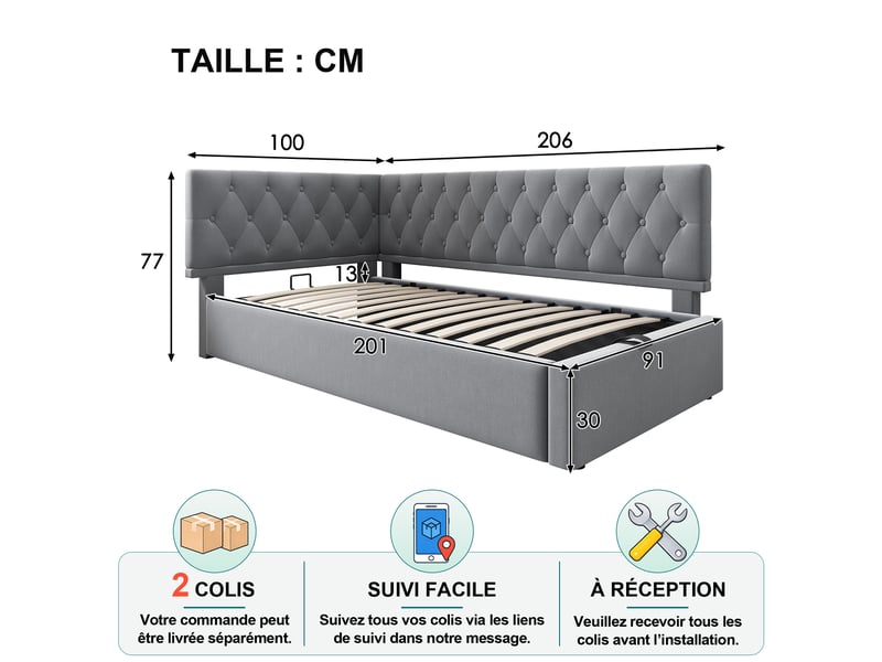  Lit banquette simple 90×200 cm avec coffre hydraulique réversible - okmyhome- velours gris, sans matelas  - Conforama D